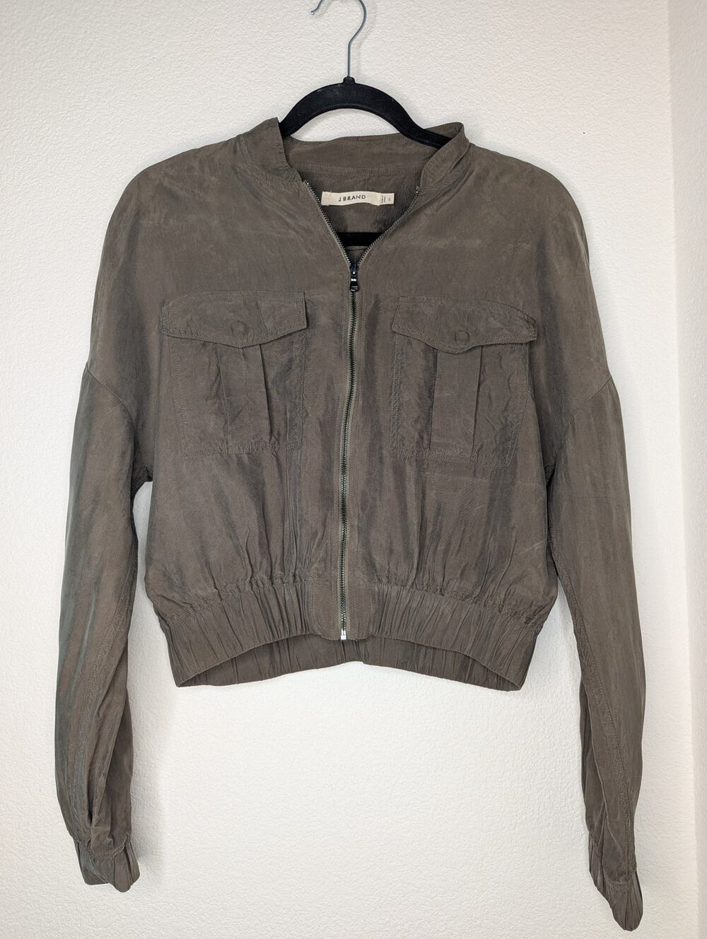J Brand Velour Cropped Green Bomber Jacket S Cargo Utility Soft Edgy Punk Grunge